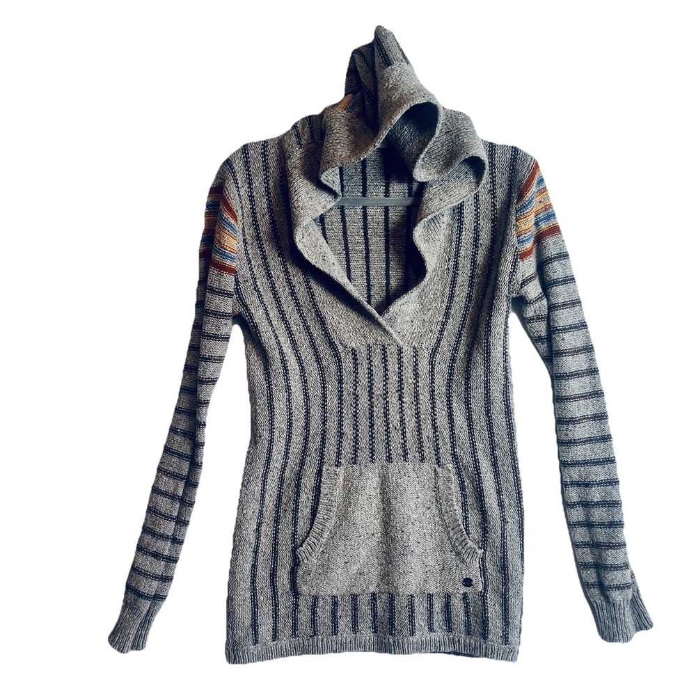 ROXY Knitted Cotton Gray Striped Hooded V-Neck Sm. Sweater Women's Y2K Soft